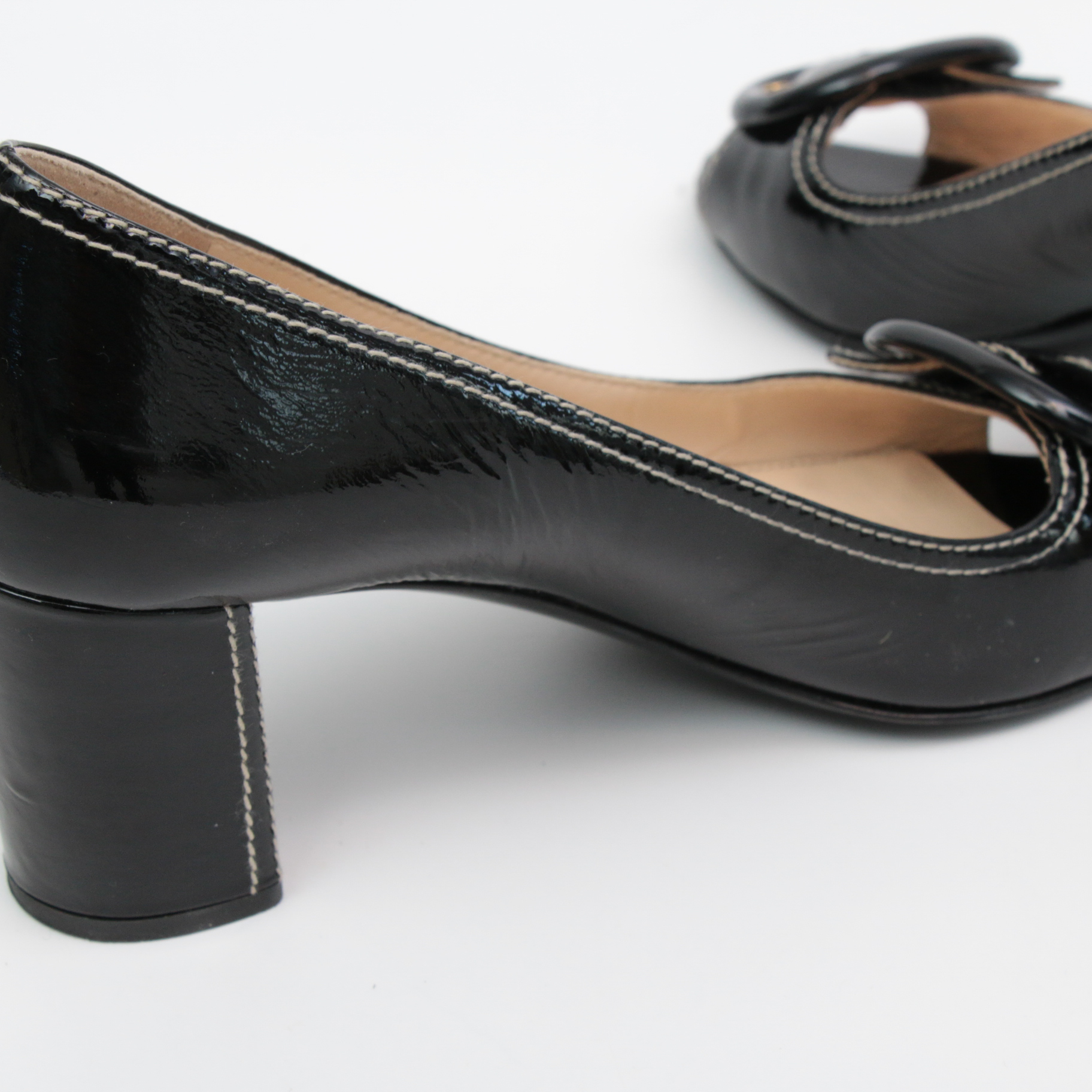 Prada Black Patent Leather Peep-Toe Block Heel Pumps with Contrast Stitching