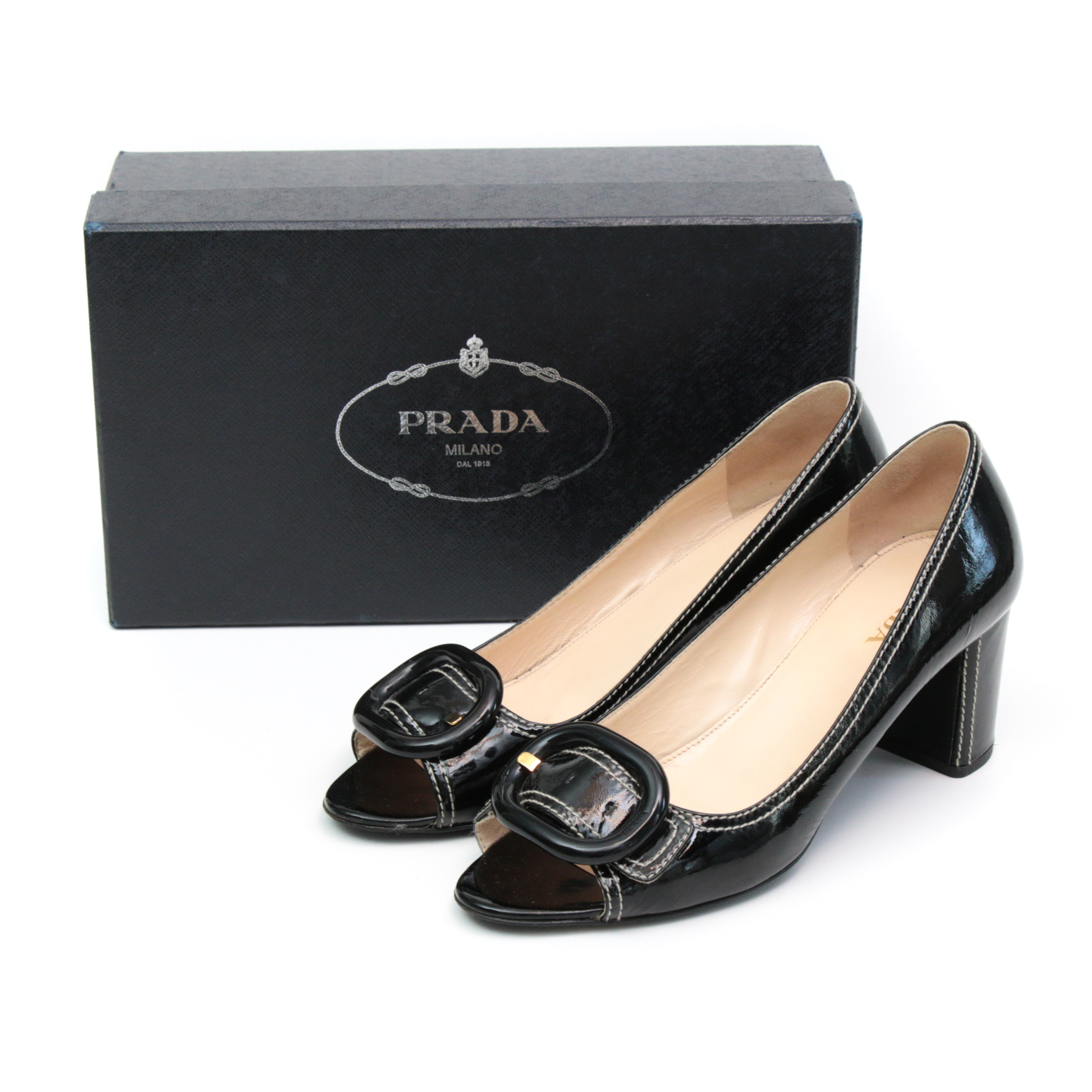 Prada Black Patent Leather Peep-Toe Block Heel Pumps with Contrast Stitching