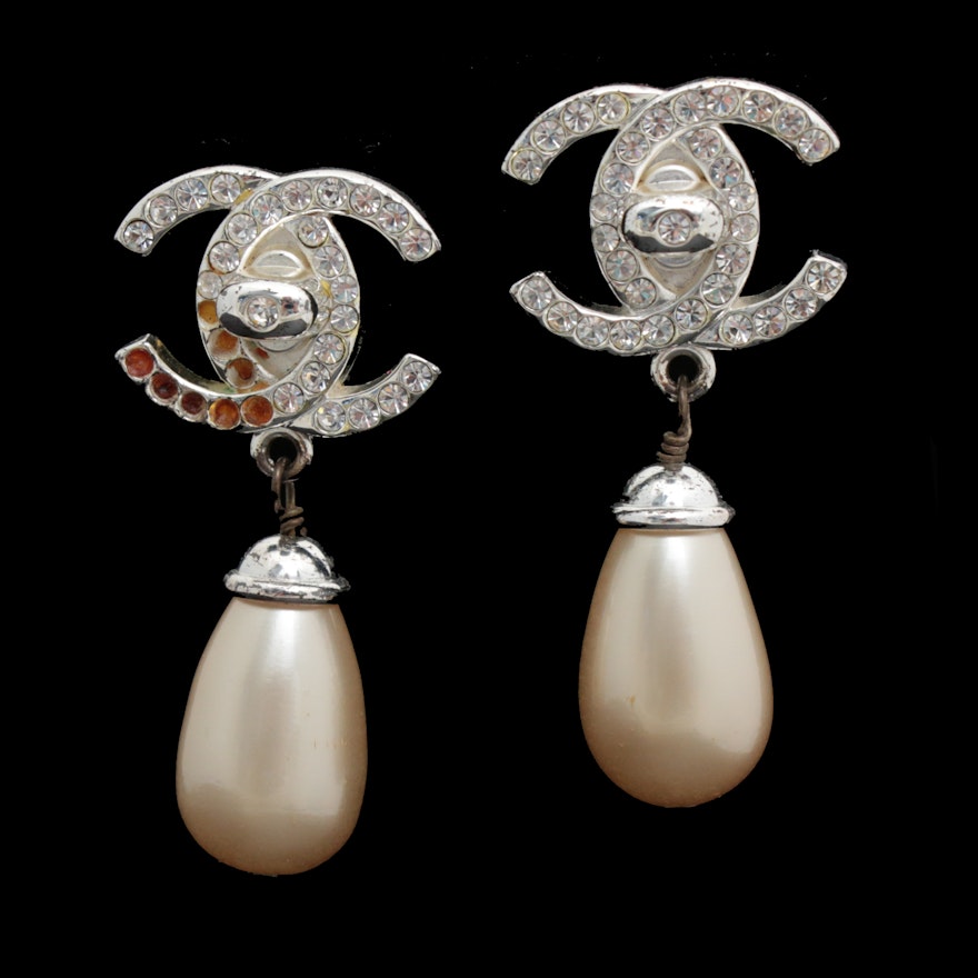 Chanel Silver Tone CC Imitation Pearl Drop Earrings