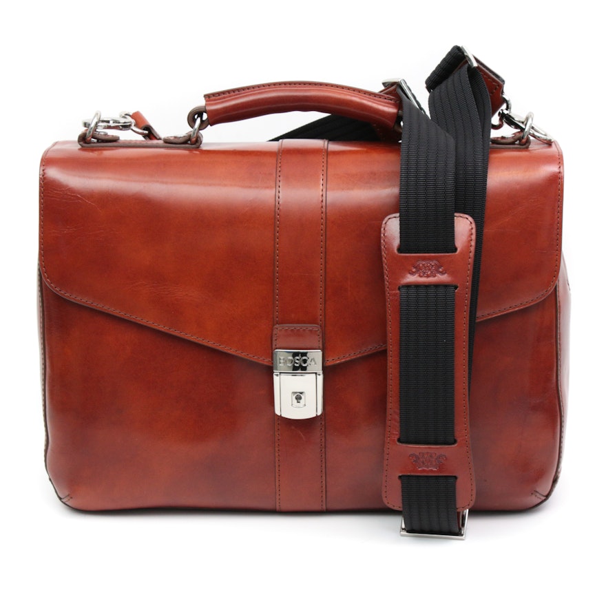 Bosca Cognac Leather Briefcase with Detachable Shoulder Strap