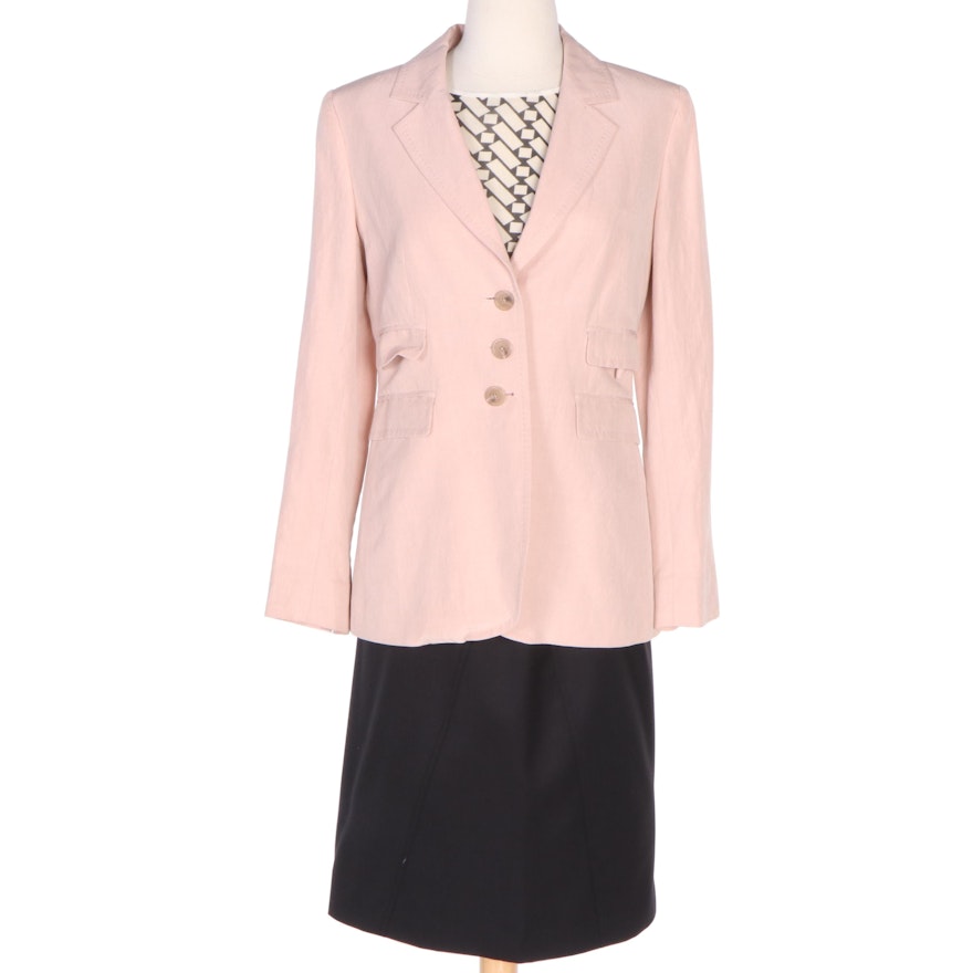The J. Peterman Company Pink Jacket, Geometric Print Top and Black Pencil Skirt
