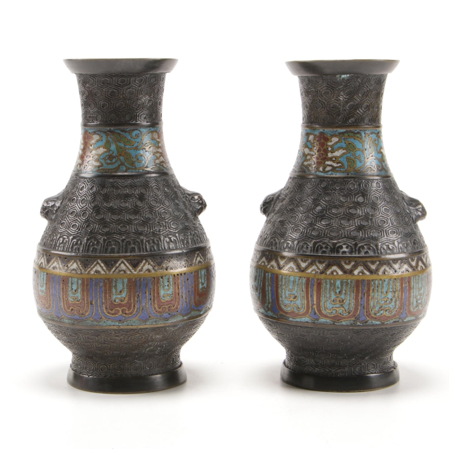 Japanese Champlevé Enamel over Bronze Baluster Vases, Early to Mid 20th Century