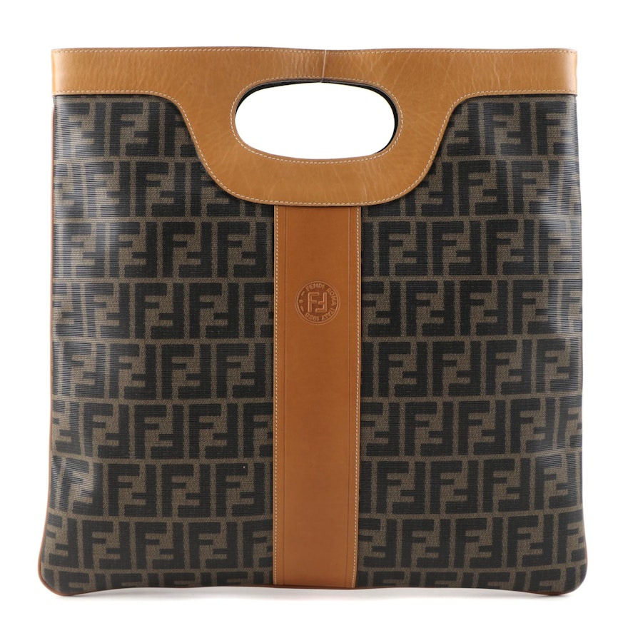 Fendi Cut Out Handle Tote Bag in Zucca Coated Canvas and Tan Leather