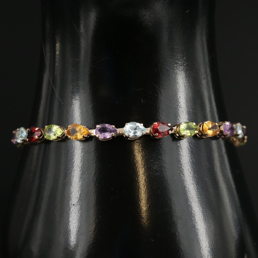 14K Yellow Gold Multi Color Gemstone Link Bracelet