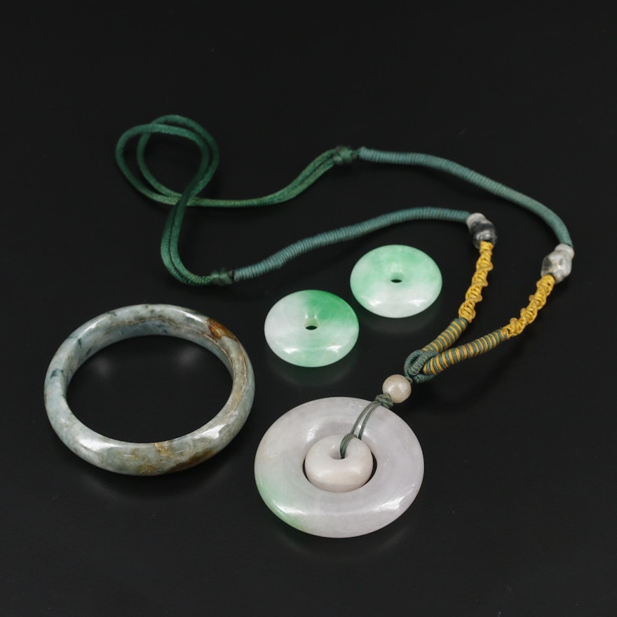Carved Jadeite Necklace, Bangle and Pendants