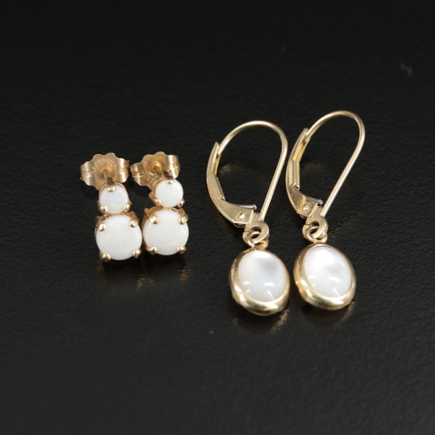 14K Yellow Gold Opal Stud Earrings and Mother of Pearl Dangle Earrings