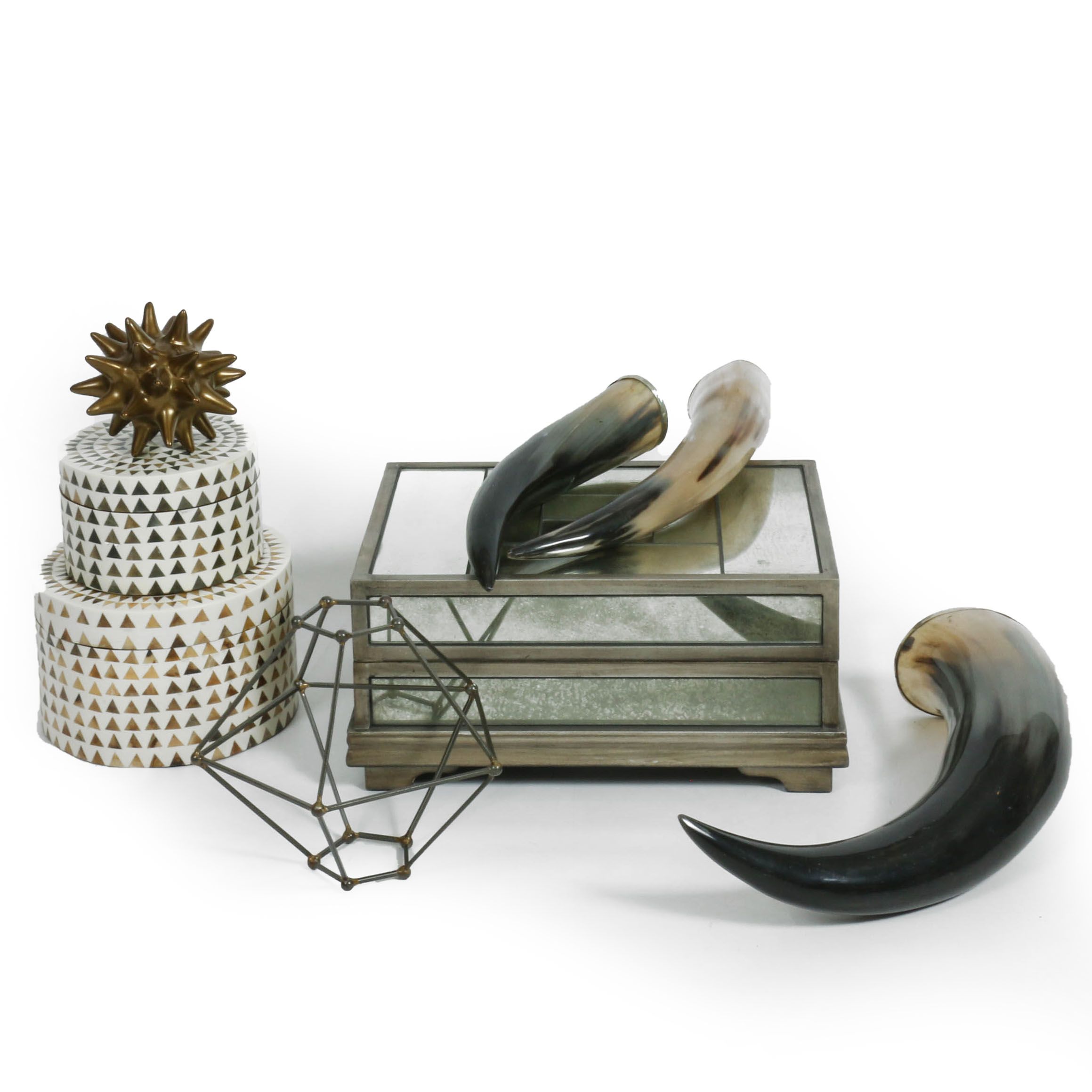 Modern Decor Including Mirrored Dresser Box, Inlaid Containers & Polished Horns
