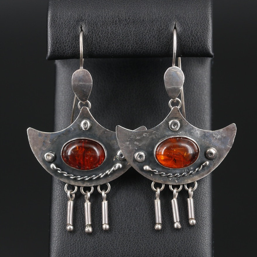 Sterling Silver Amber Dangle Earrings with Hammered Finish