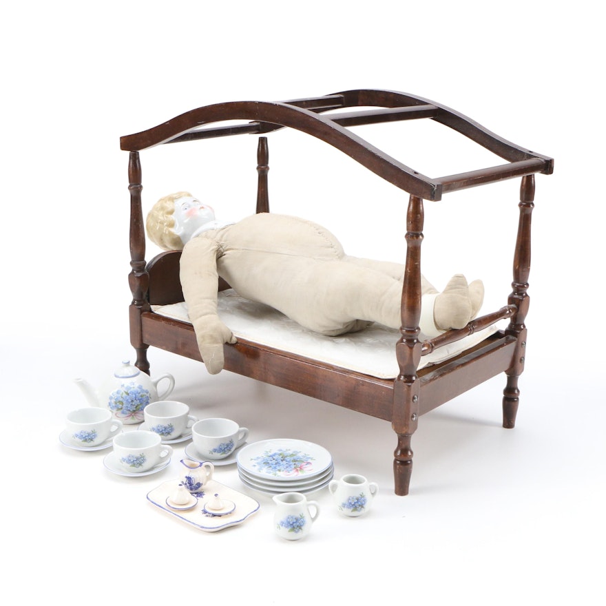 Victorian Doll with Bed and Miniature Tea Service Set