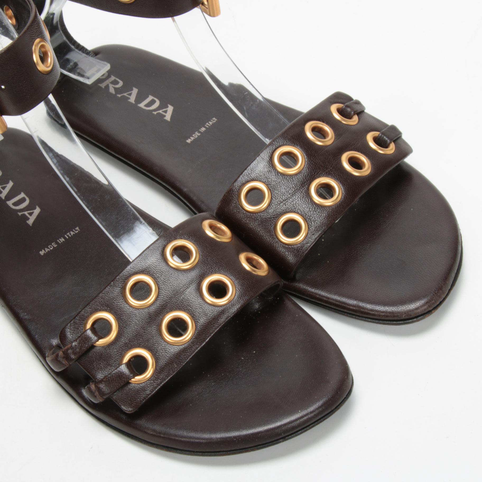 Prada Brown Leather Grommet Ankle Buckled Strap Sandals