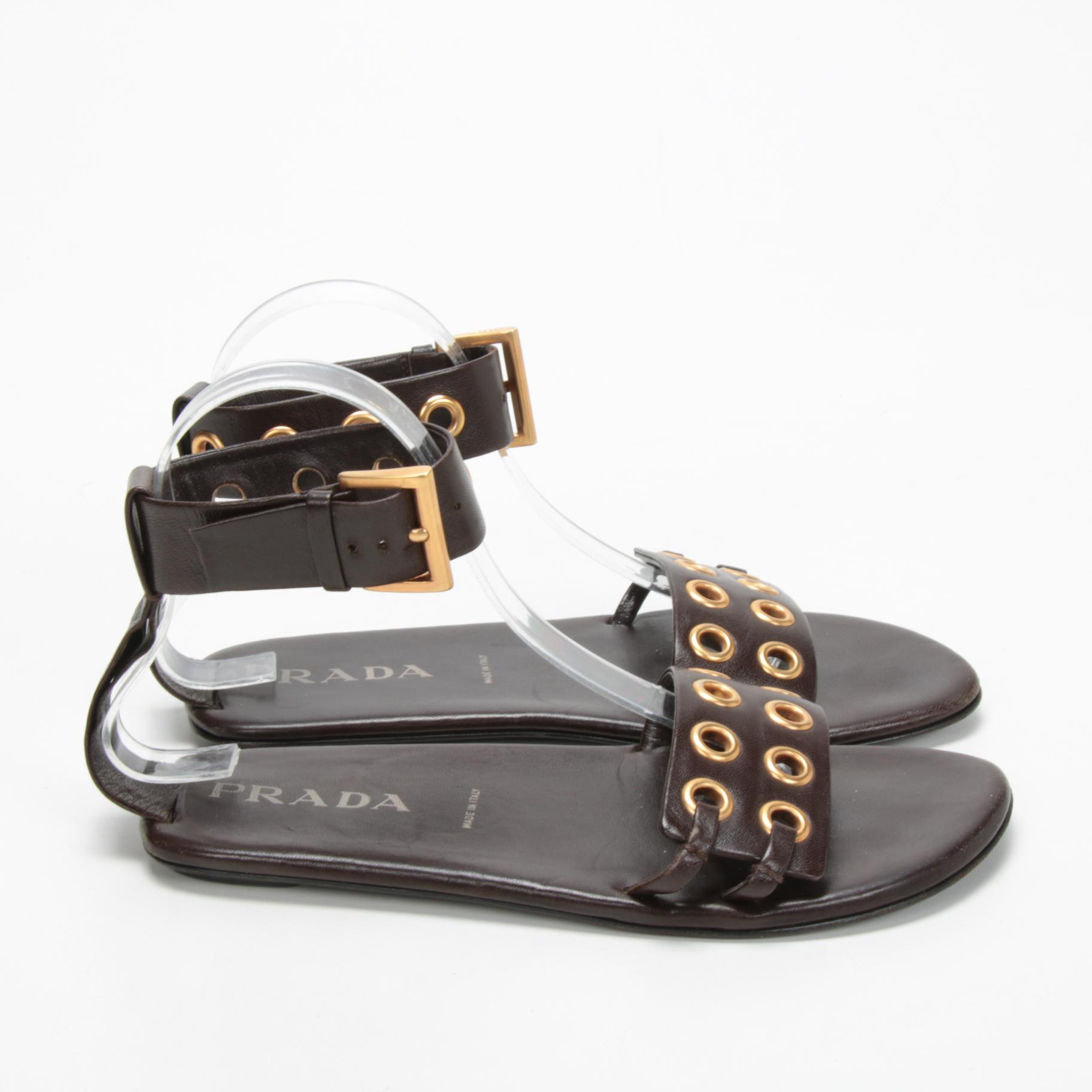Prada Brown Leather Grommet Ankle Buckled Strap Sandals