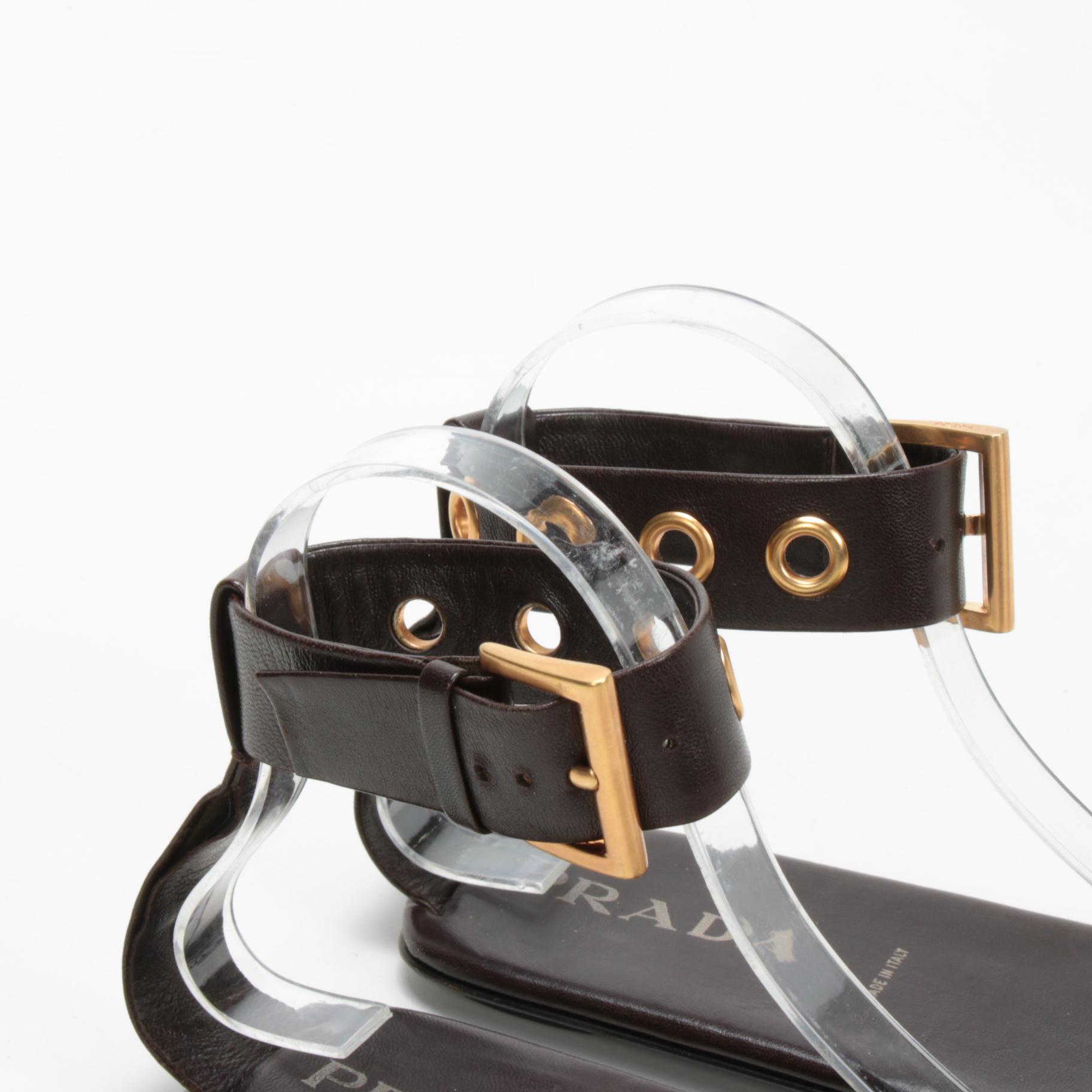 Prada Brown Leather Grommet Ankle Buckled Strap Sandals