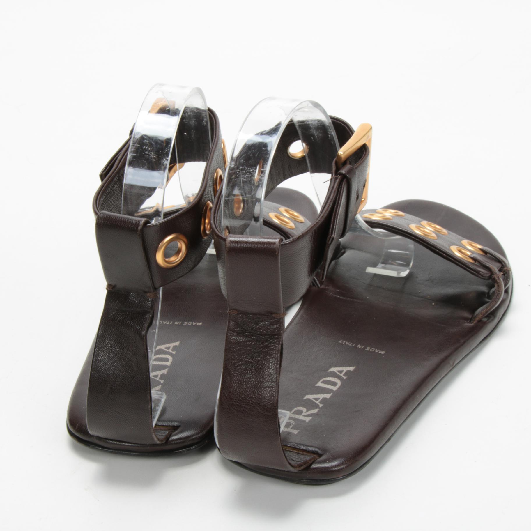 Prada Brown Leather Grommet Ankle Buckled Strap Sandals