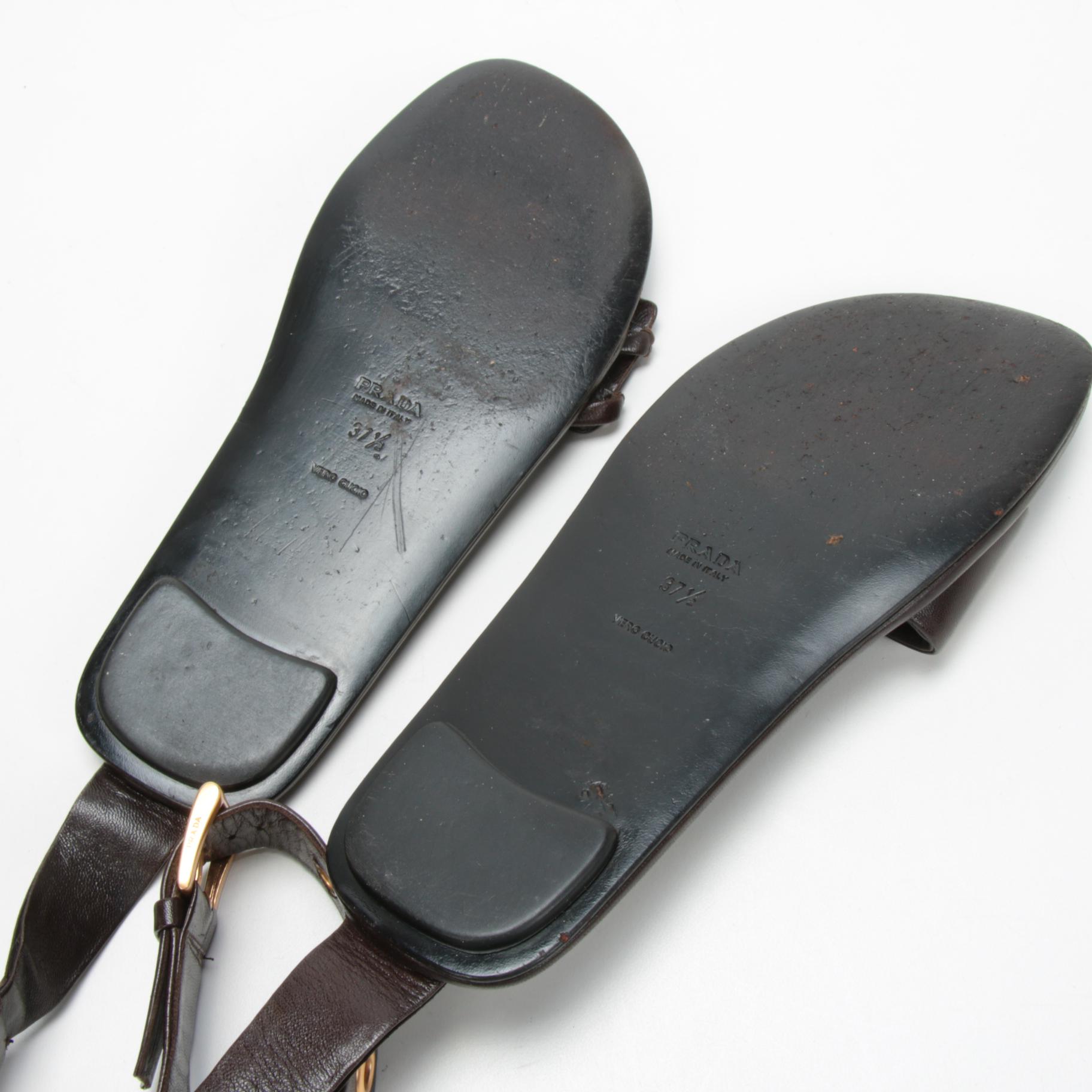 Prada Brown Leather Grommet Ankle Buckled Strap Sandals