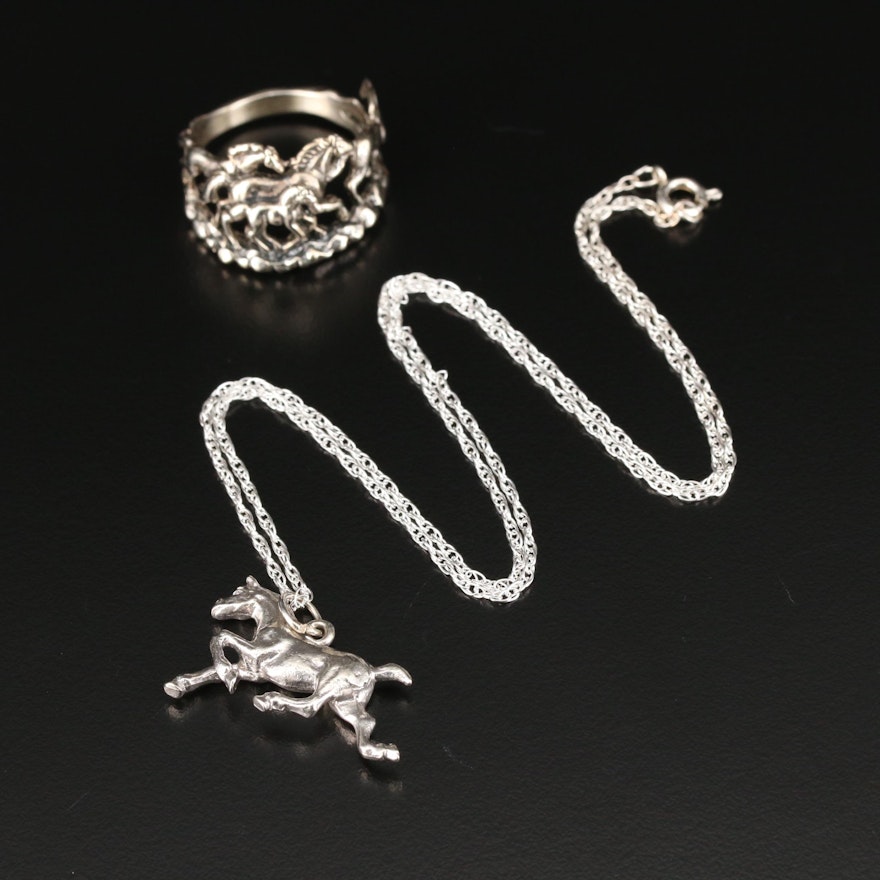 Sterling Pendant Necklace and Ring with Horse Motif