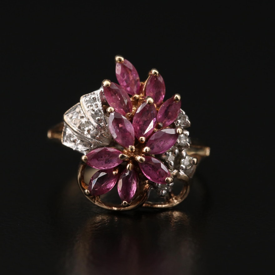 10K Gold Ruby and Diamond Floral Ring