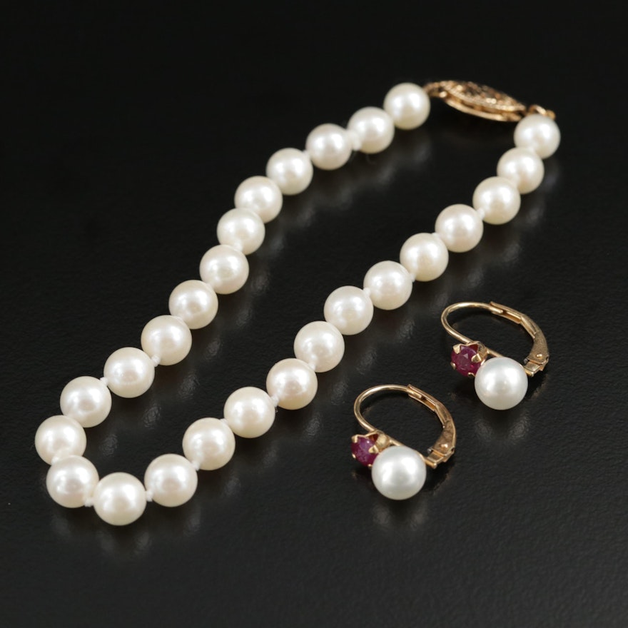 14K Yellow Gold Cultured Pearl And Rubies Earring and Bracelet Set