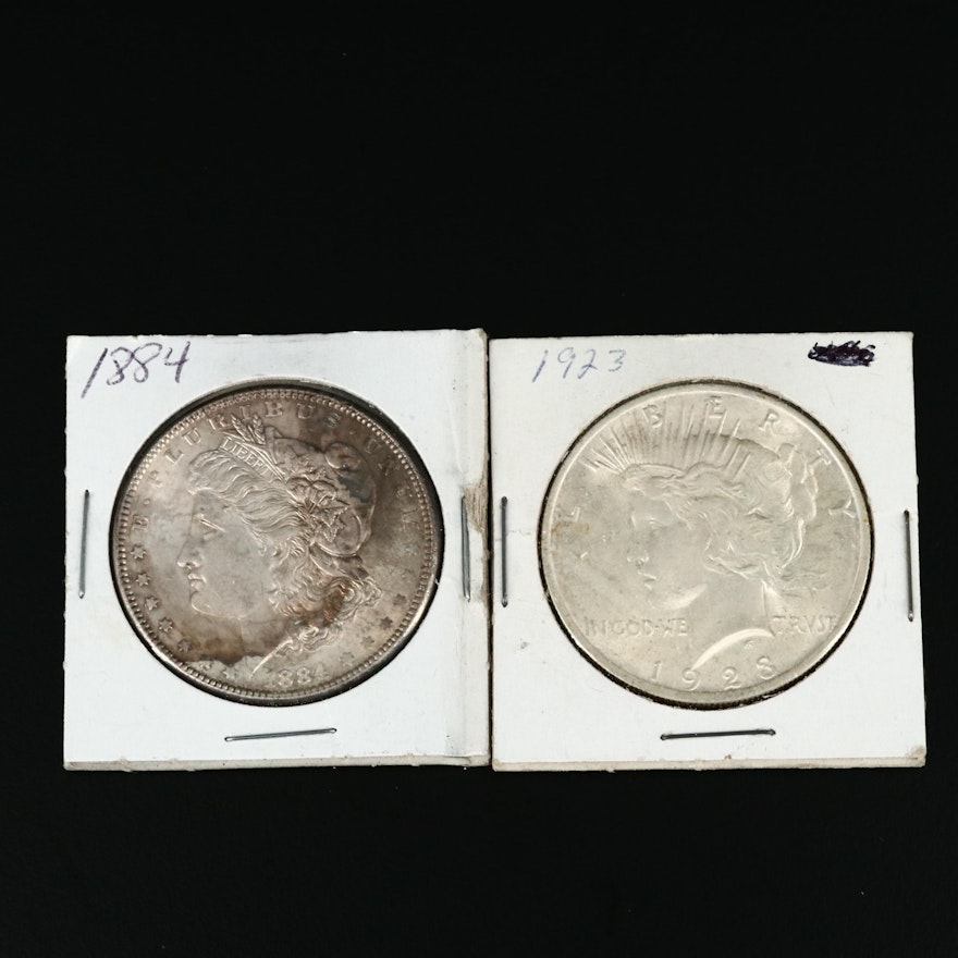 1884 Morgan Silver Dollar and 1923 Peace Silver Dollars