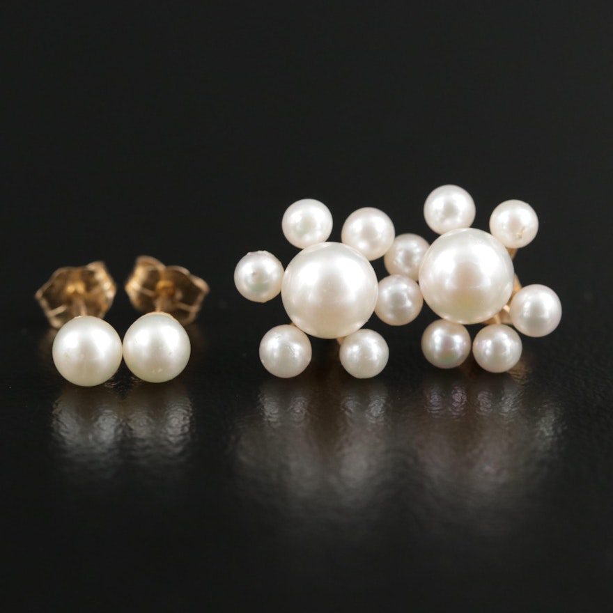 14K Yellow Gold Pearl Stud Earrings and Jackets