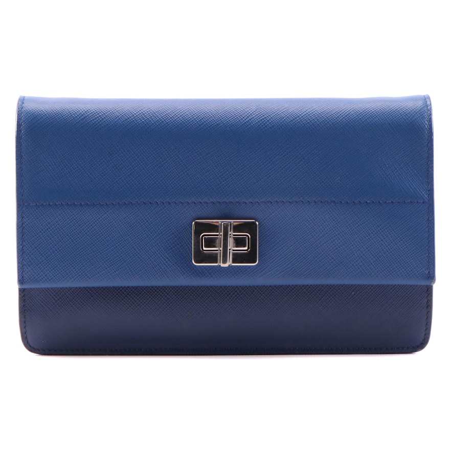 Prada Turnlock Crossbody Wallet in Bicolor Blue Saffiano Leather