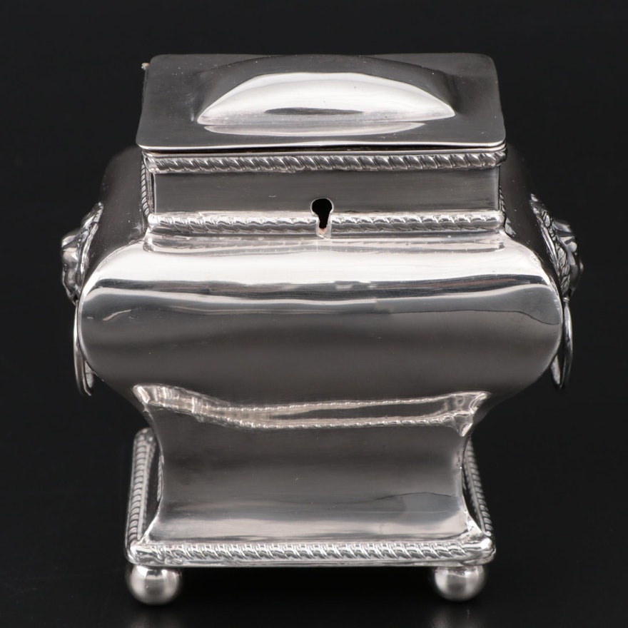 Silver Plate Tea Caddy with Lion's Head Handles, Late 19th/Early 20th C.