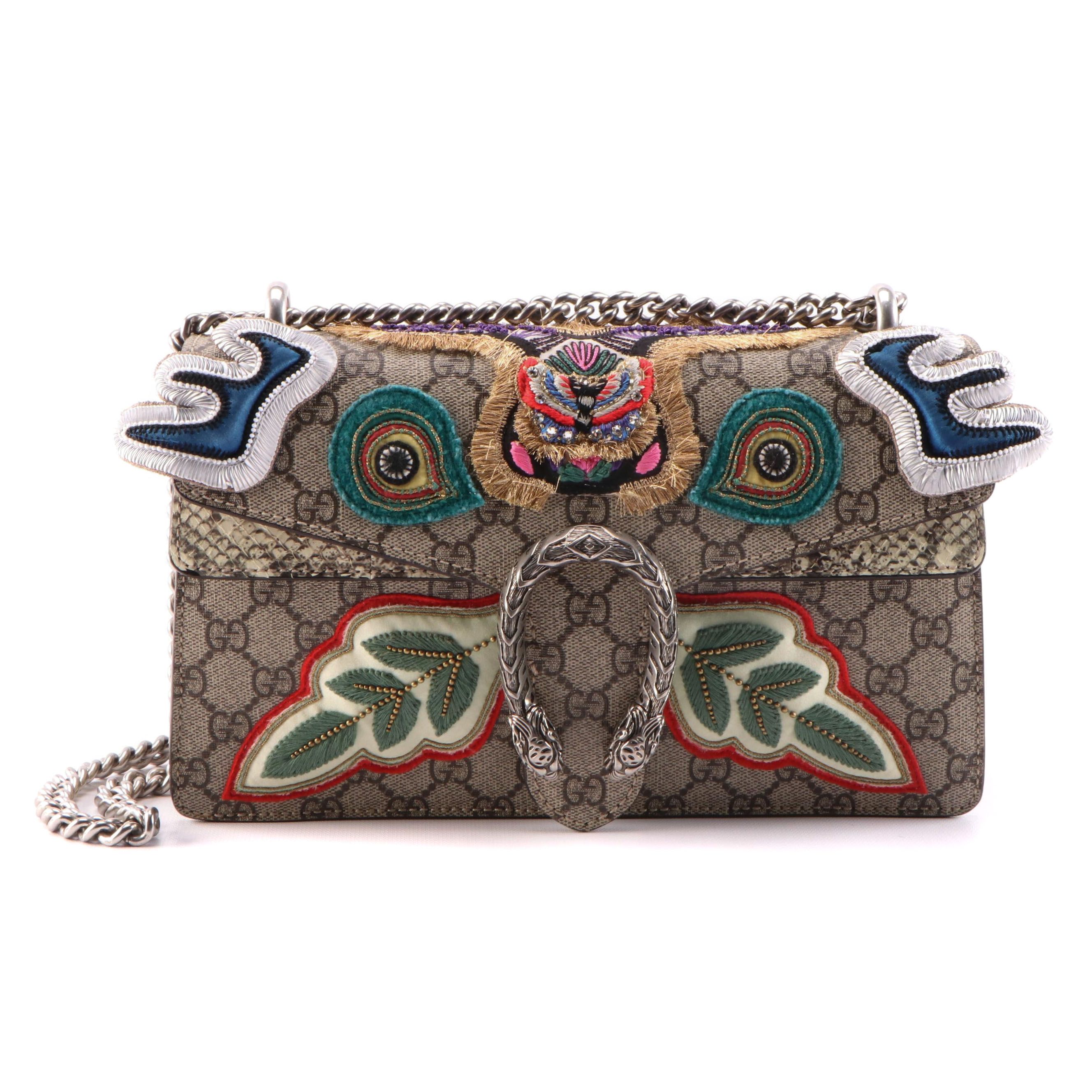 Gucci Embellished Dionysus Bag in GG Supreme Canvas and Python