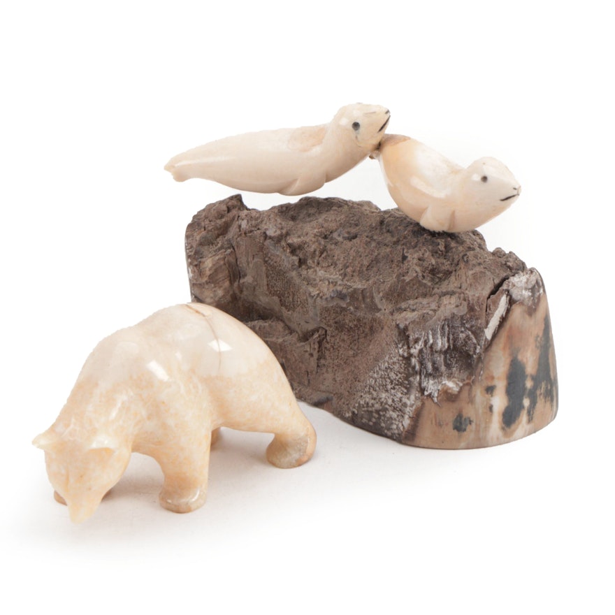 Eddy Sygnor Inuit Carved Walrus Ivory Seals with other Inuit Polar Bear