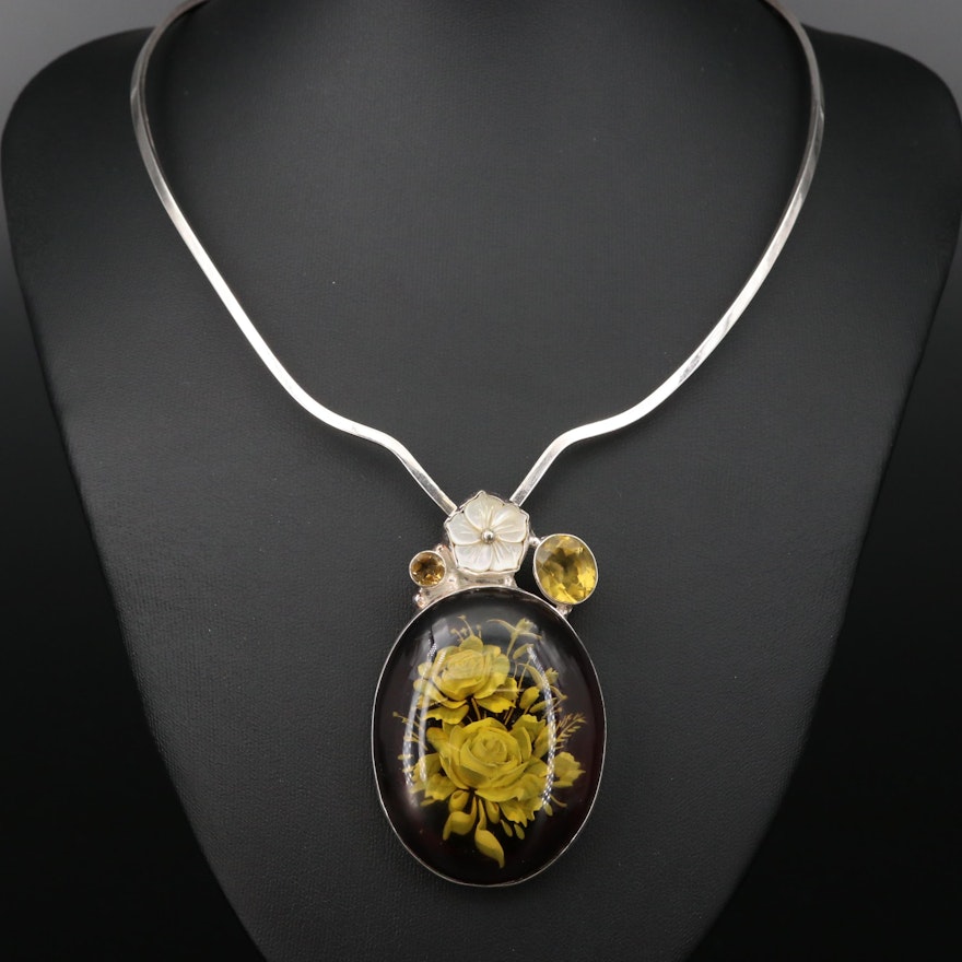 Sterling Silver Pendant Necklace with Citrine and Mother of Pearl