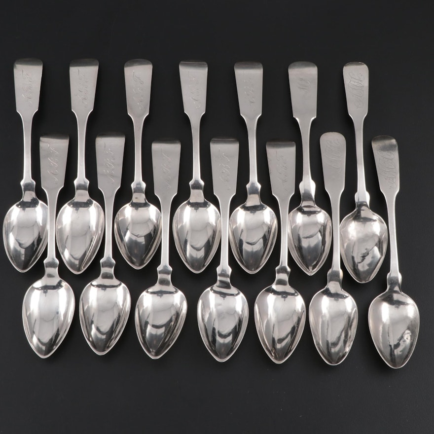 American Coin Silver Fiddle Handle Teaspoons, Mid-19th Century