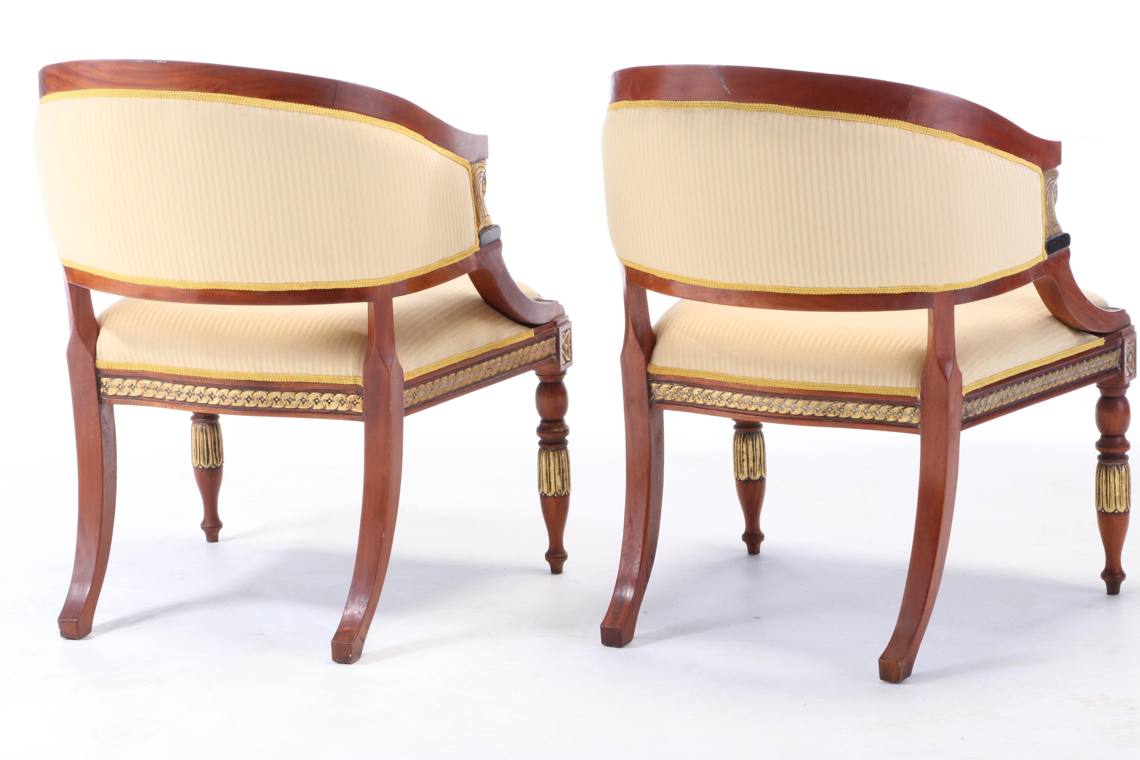 Egyptian Revival Mahogany Upholstered Salon Chairs, Late 20th Century