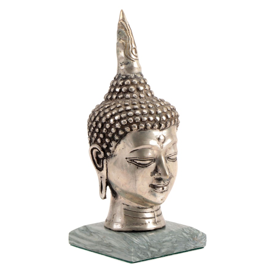 Asian Metal Buddha Figurine with Polished Stone Base