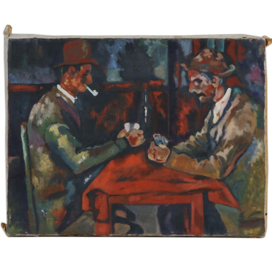 Oil Painting of Men Playing Cards, Mid-20th Century
