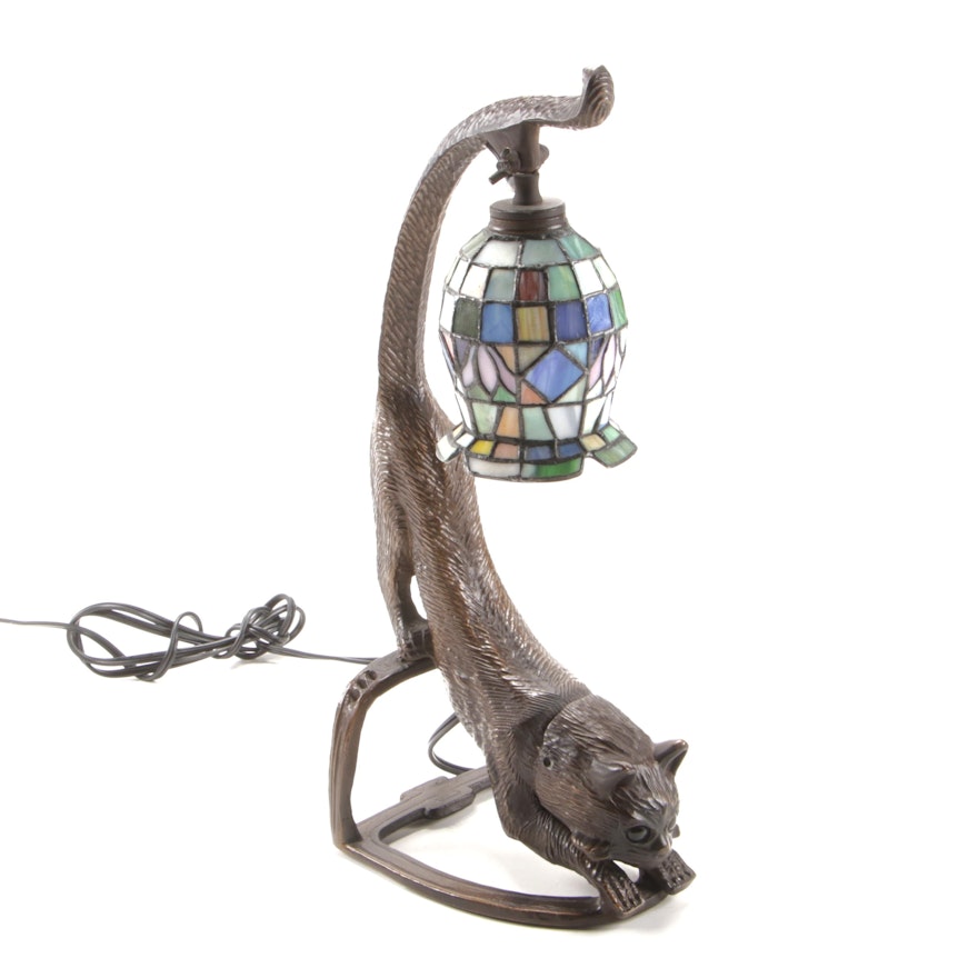 Cat Figural Table Lamp with Slag Glass Shade