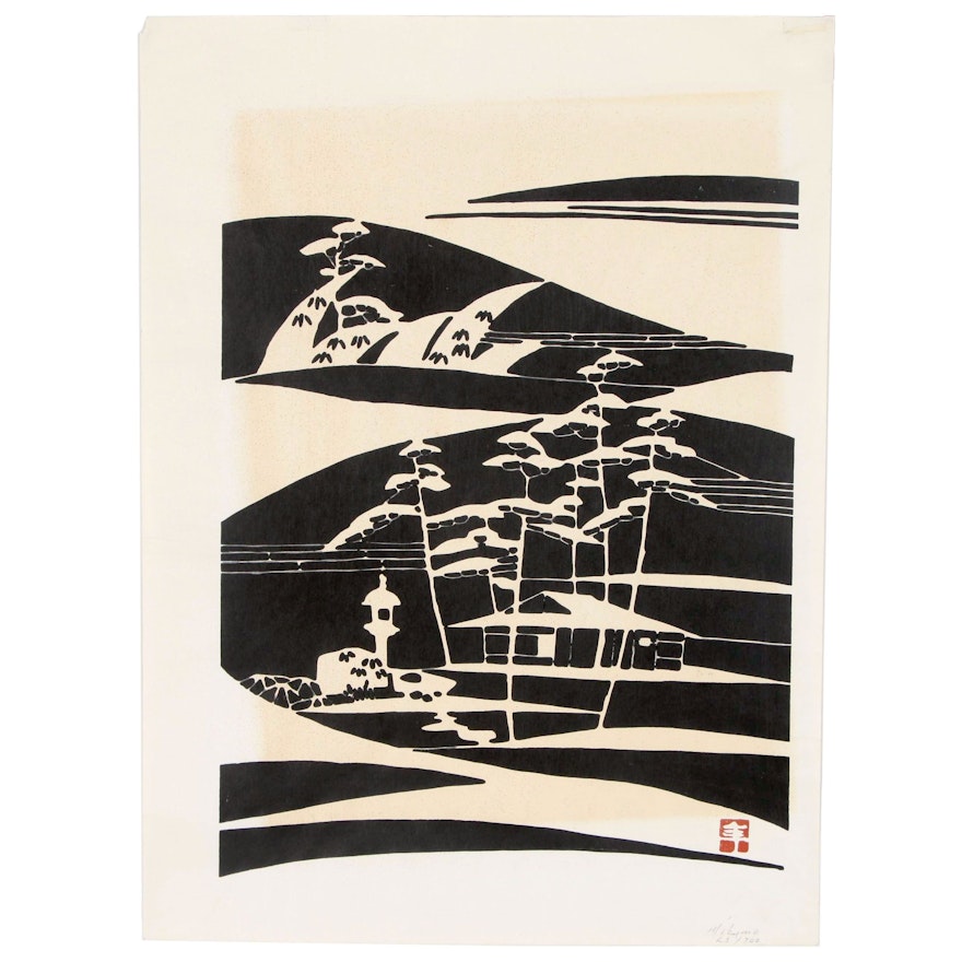 Mikumo Japanese Woodblock of Winter Landscape, Mid 20th Century