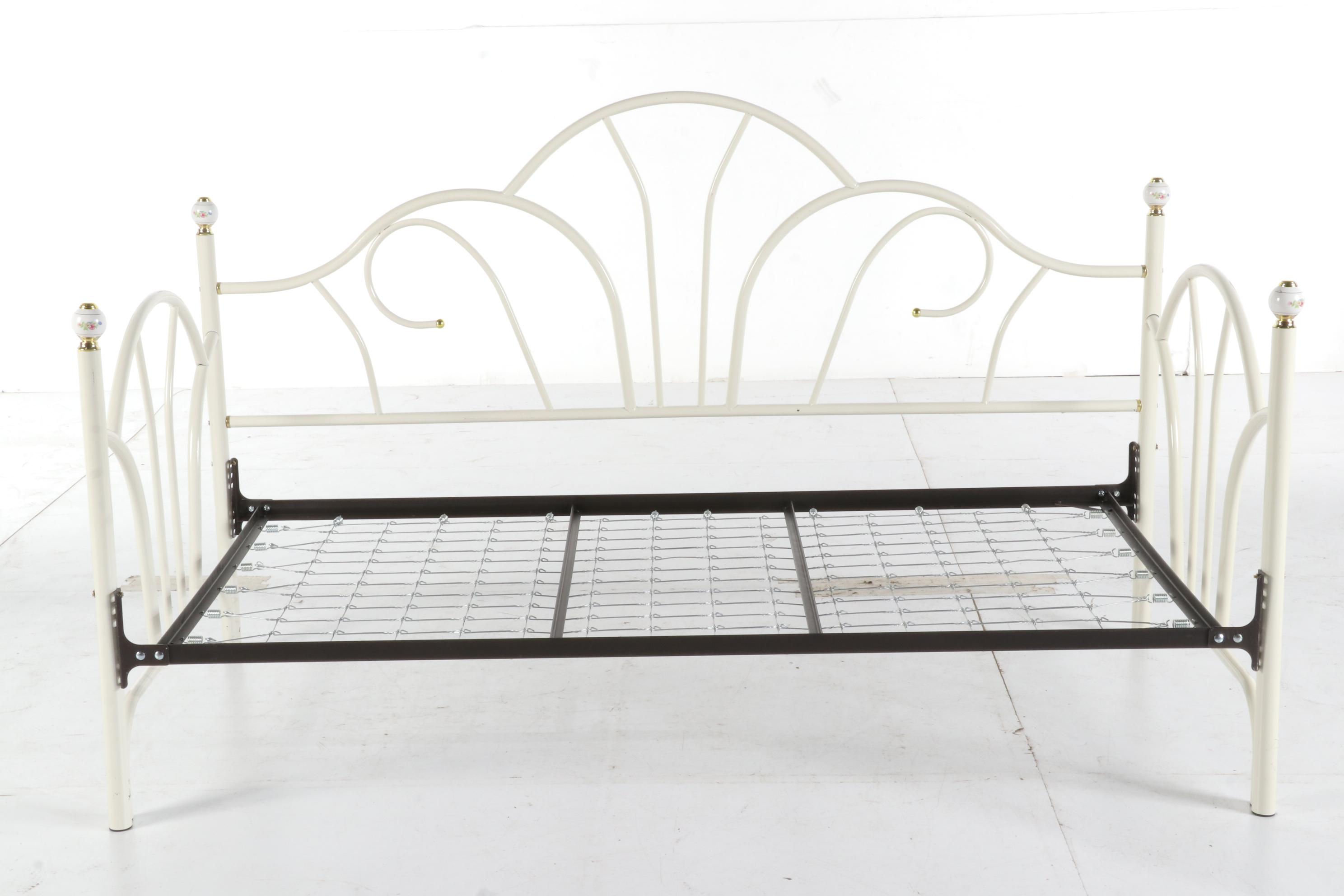White Metal Twin Sized Daybed with Porcelain Finials, Late 20th Century
