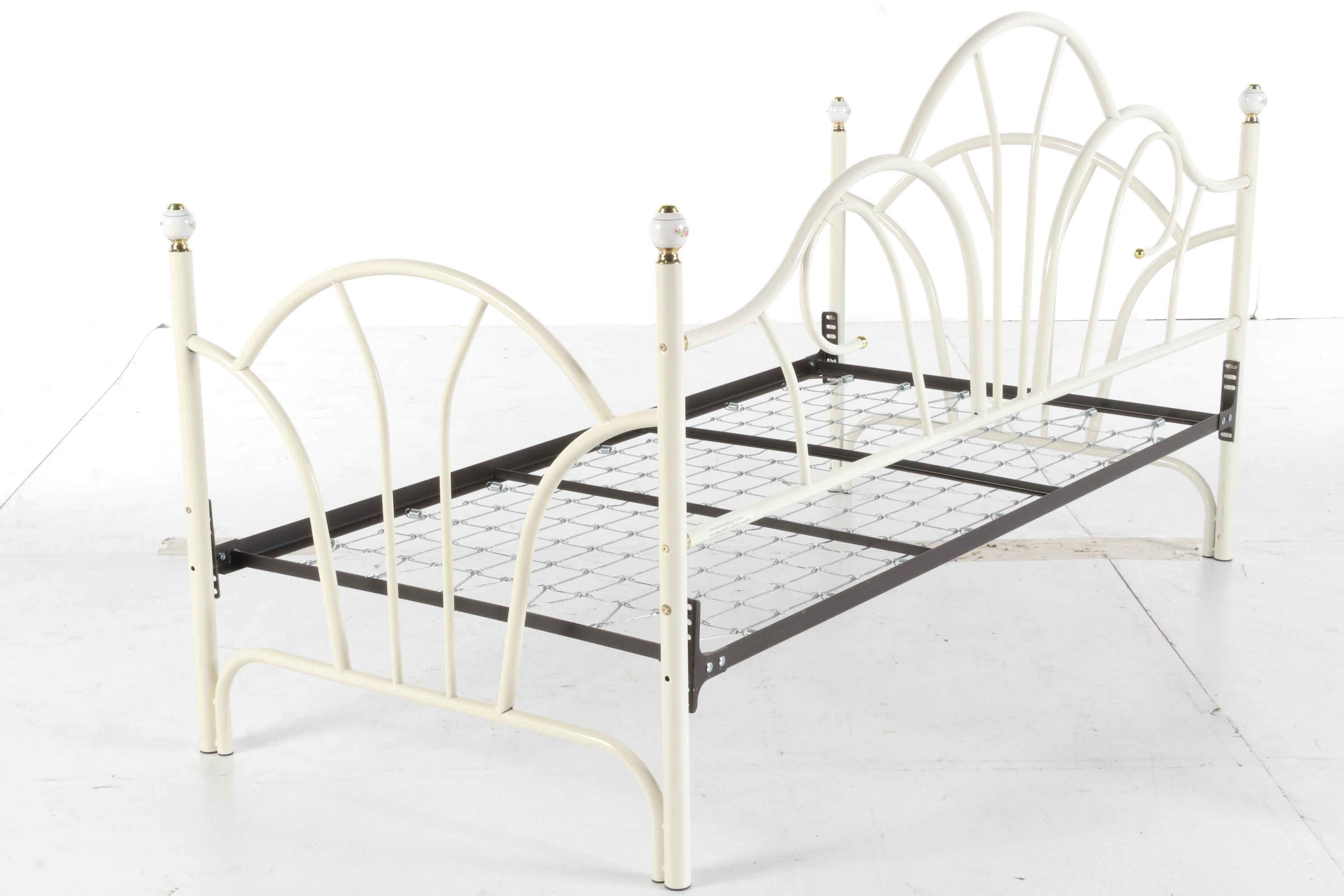White Metal Twin Sized Daybed with Porcelain Finials, Late 20th Century