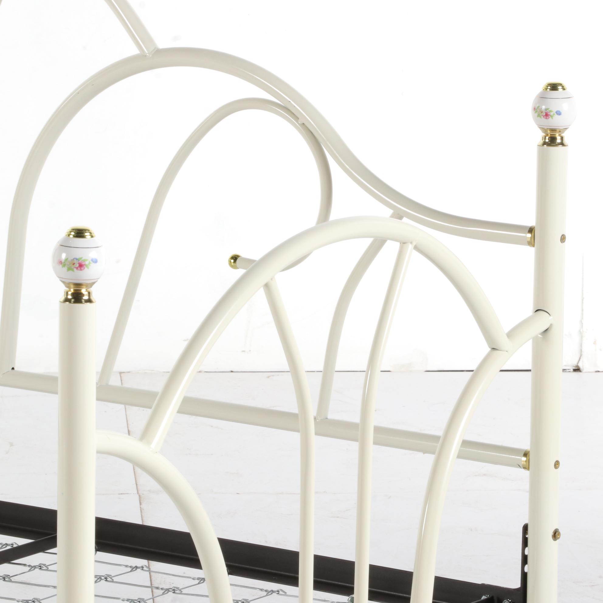 White Metal Twin Sized Daybed with Porcelain Finials, Late 20th Century