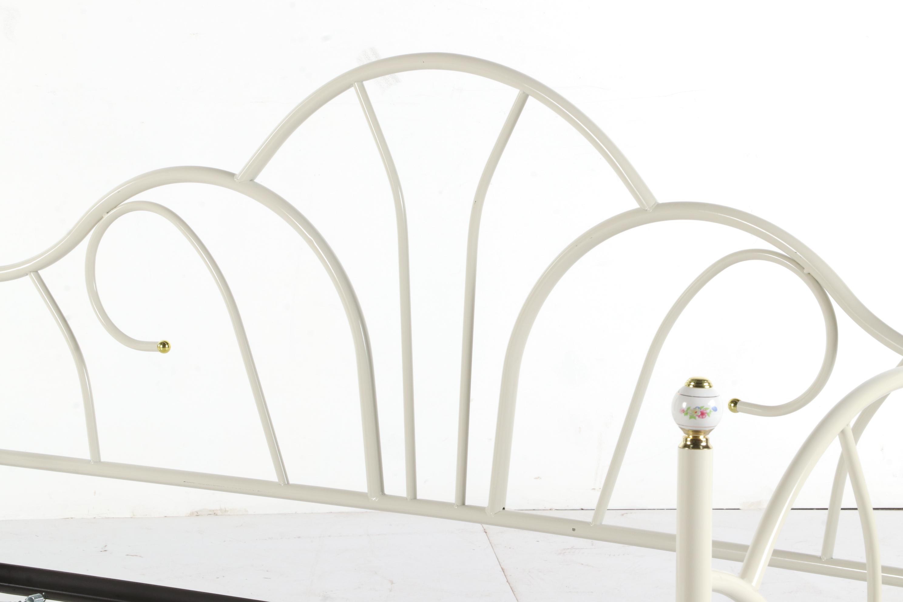 White Metal Twin Sized Daybed with Porcelain Finials, Late 20th Century
