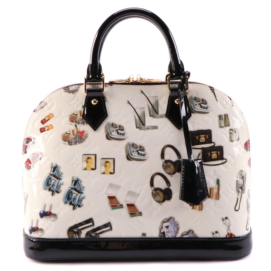 Louis Vuitton Alma PM Bag in White Monogram Vernis and Stickers with Black Trim