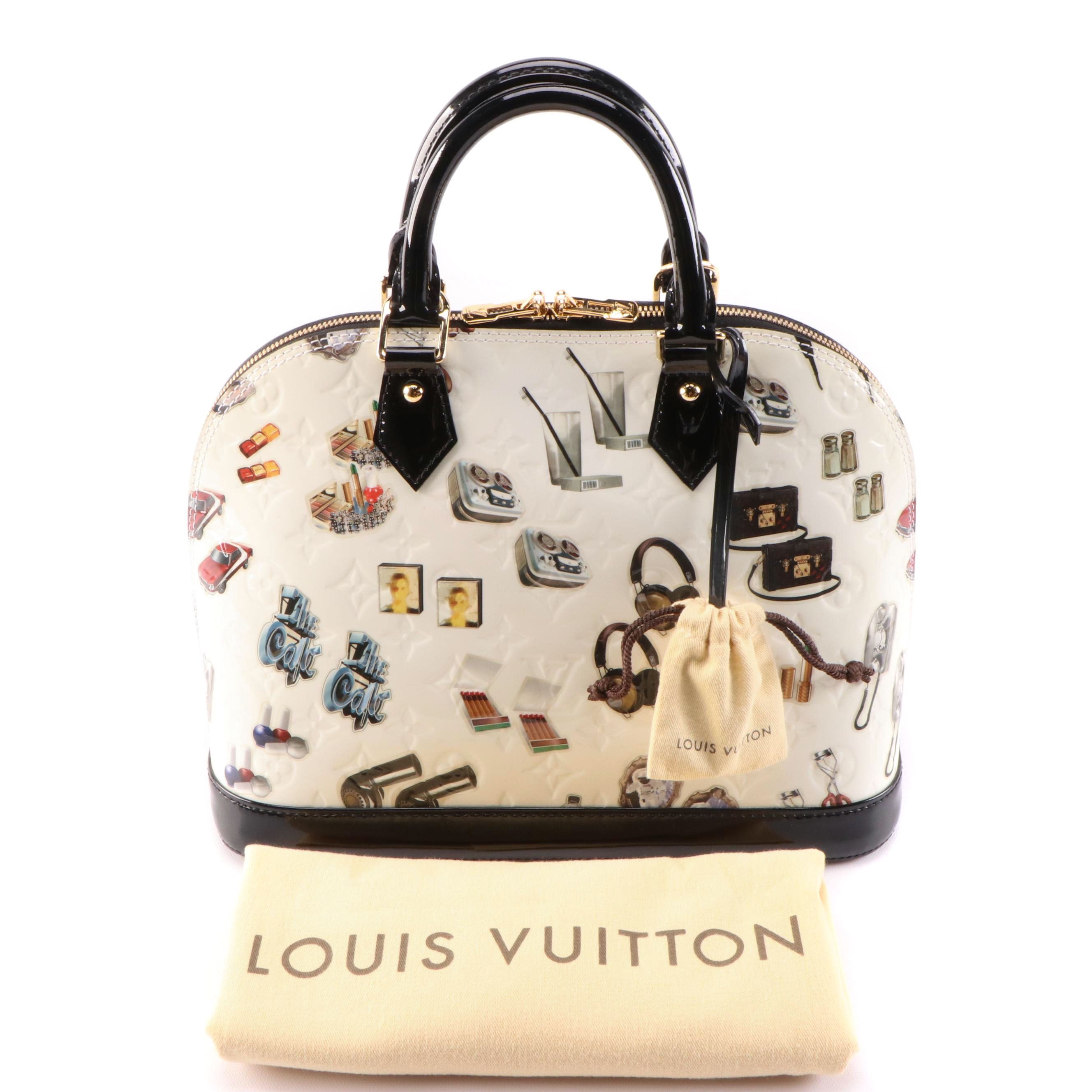 Louis Vuitton Alma PM Bag in White Monogram Vernis and Stickers with Black Trim