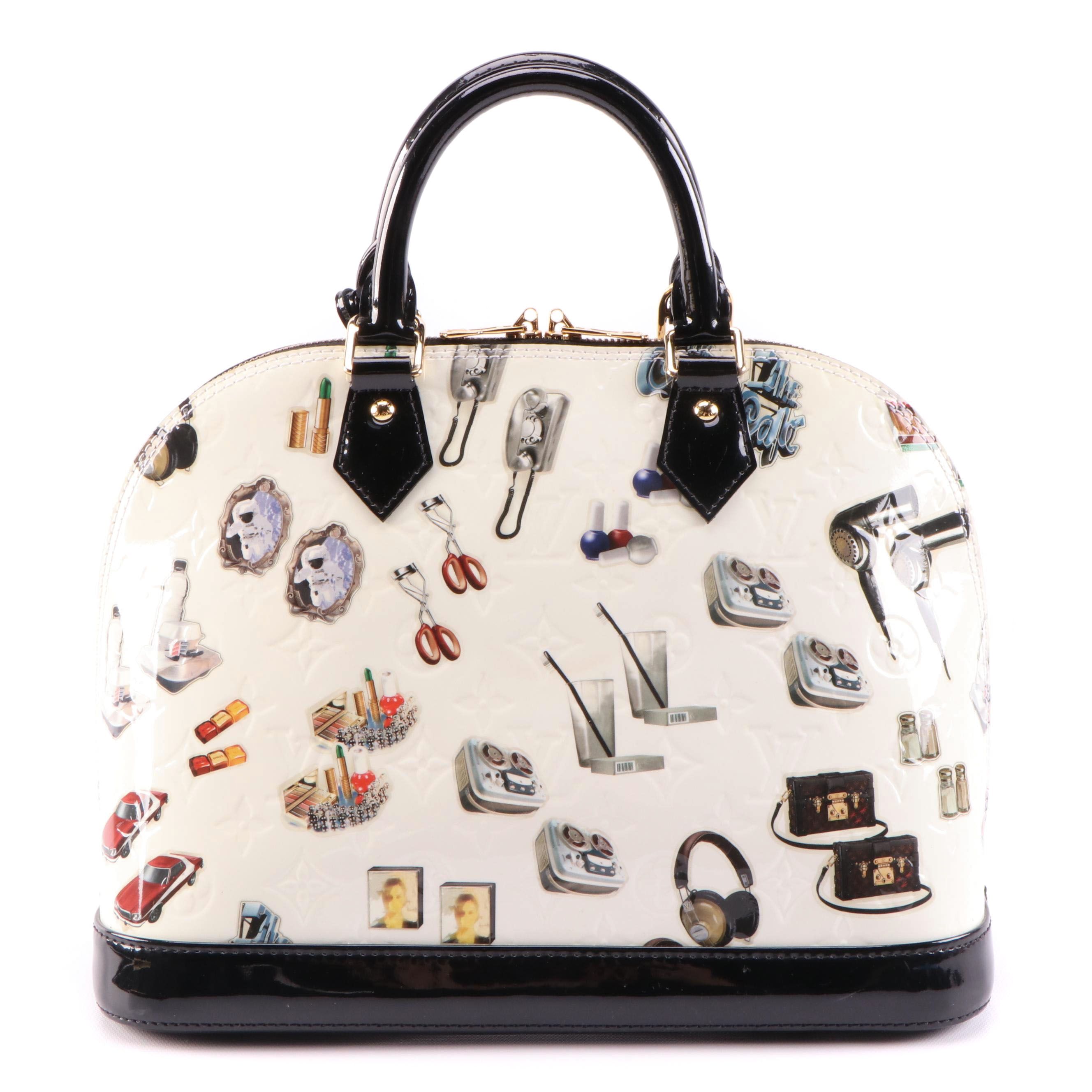 Louis Vuitton Alma PM Bag in White Monogram Vernis and Stickers with Black Trim