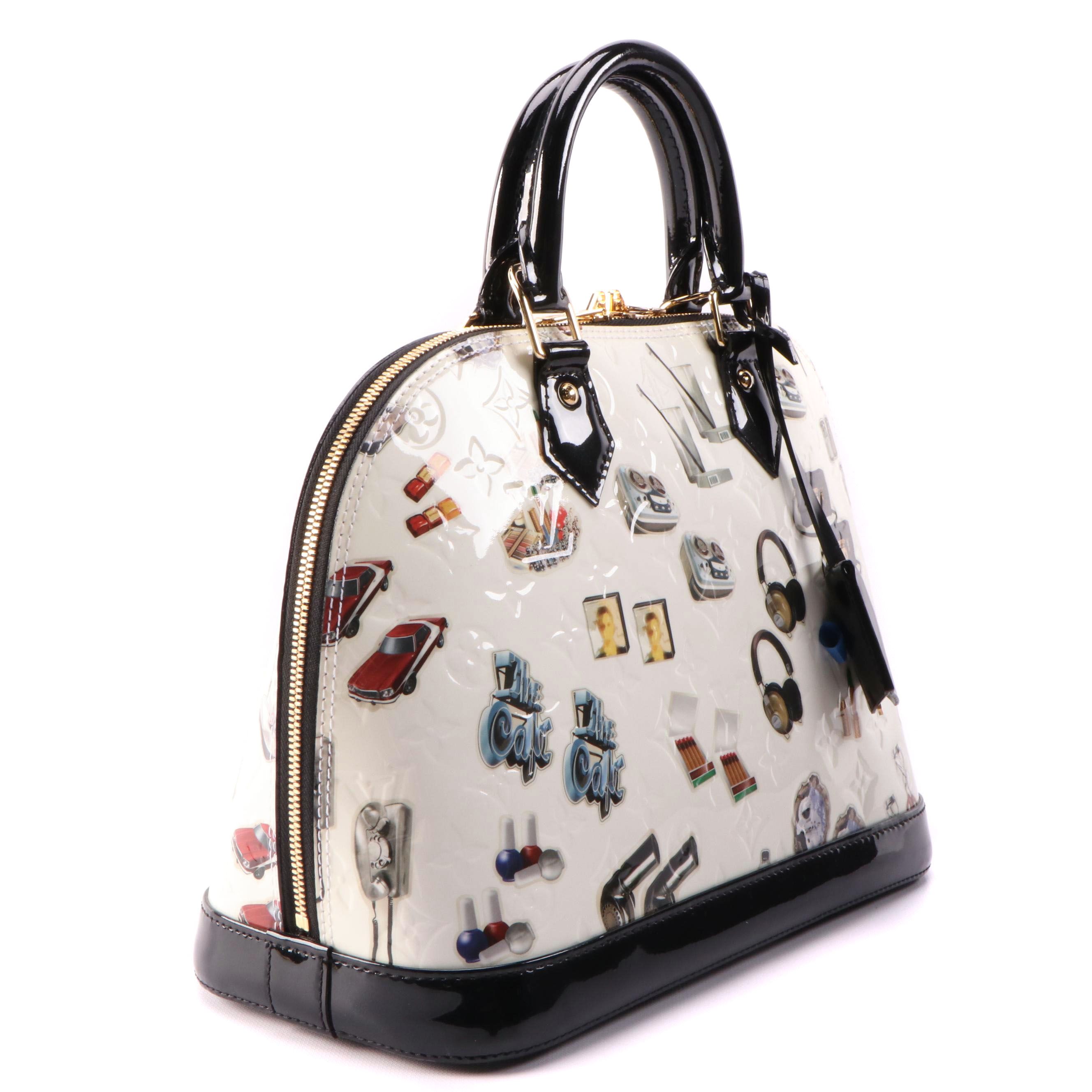 Louis Vuitton Alma PM Bag in White Monogram Vernis and Stickers with Black Trim