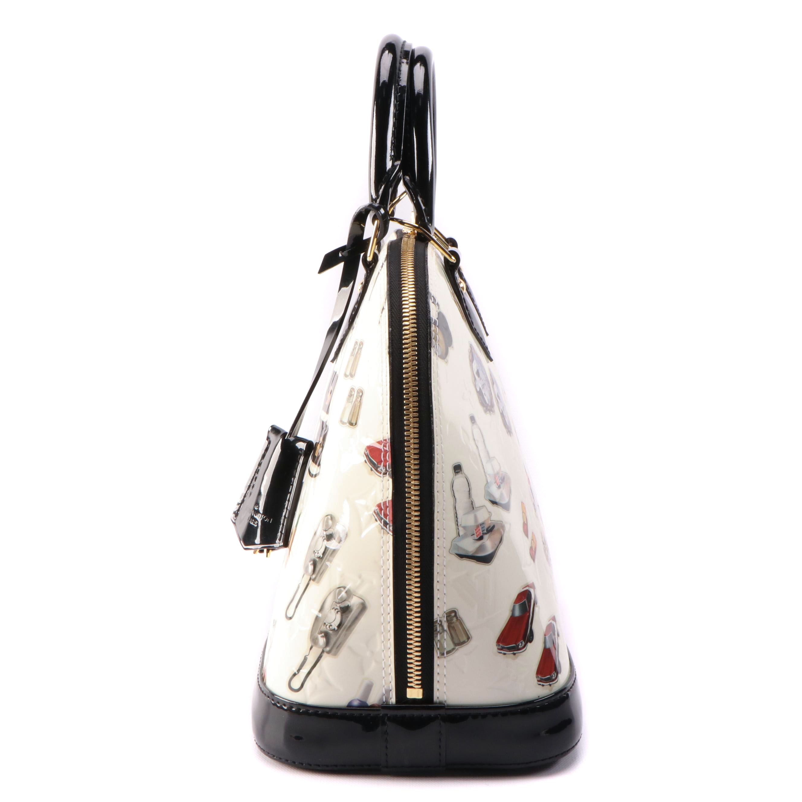 Louis Vuitton Alma PM Bag in White Monogram Vernis and Stickers with Black Trim