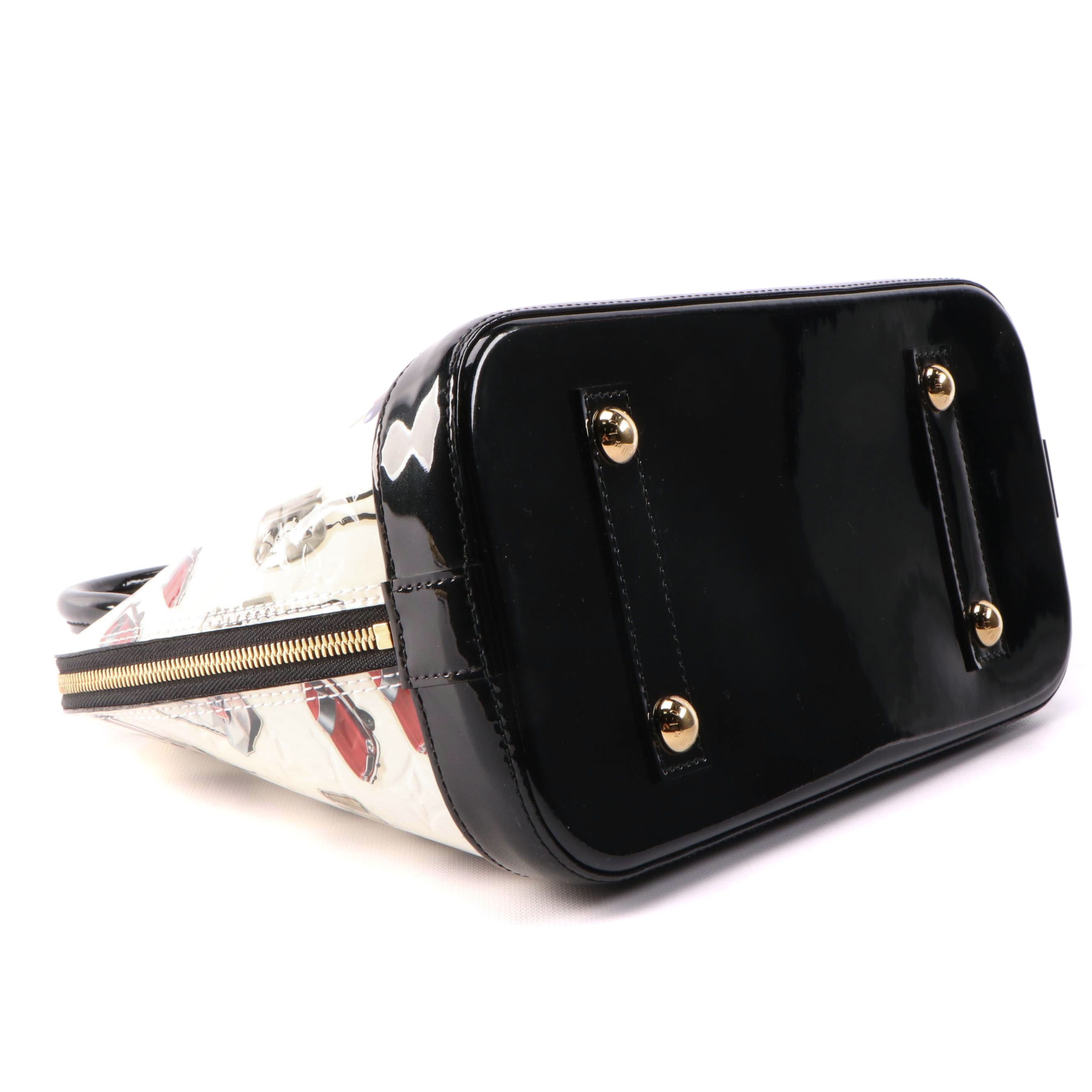 Louis Vuitton Alma PM Bag in White Monogram Vernis and Stickers with Black Trim