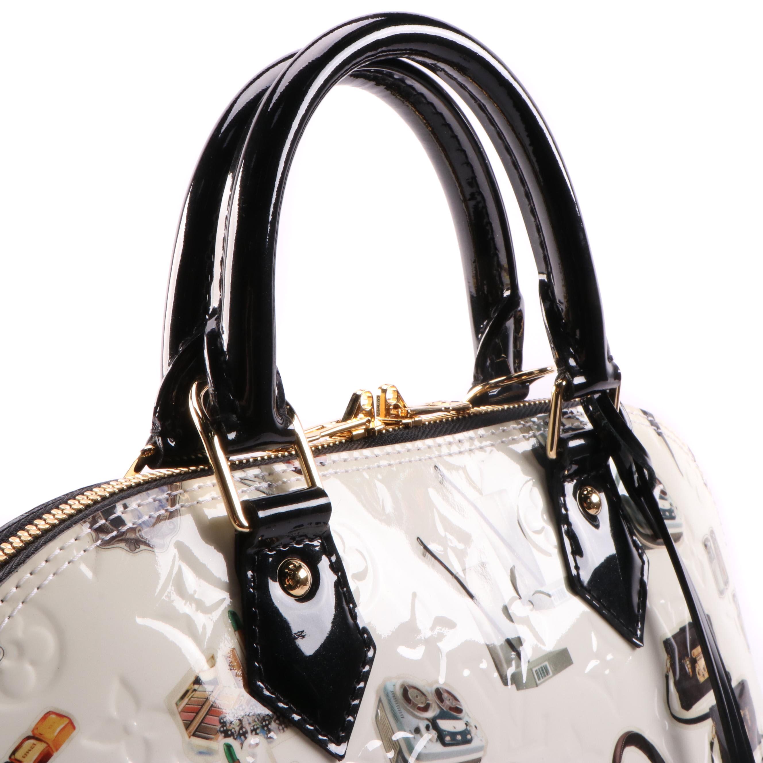 Louis Vuitton Alma PM Bag in White Monogram Vernis and Stickers with Black Trim