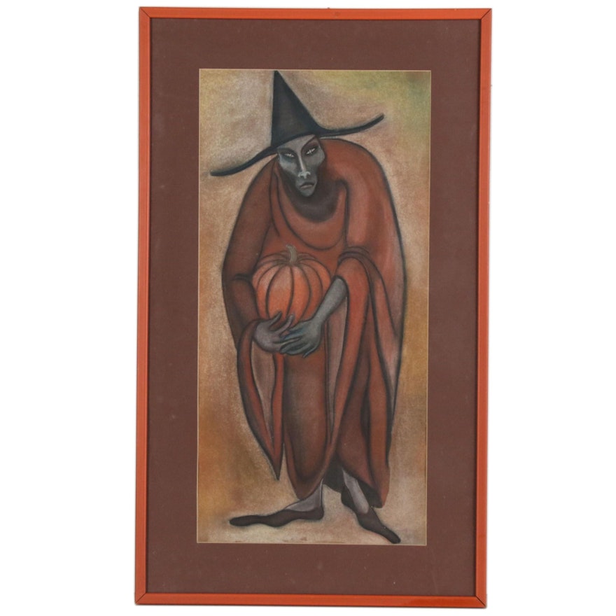 Pastel Portrait of a Witch Holding a Pumpkin