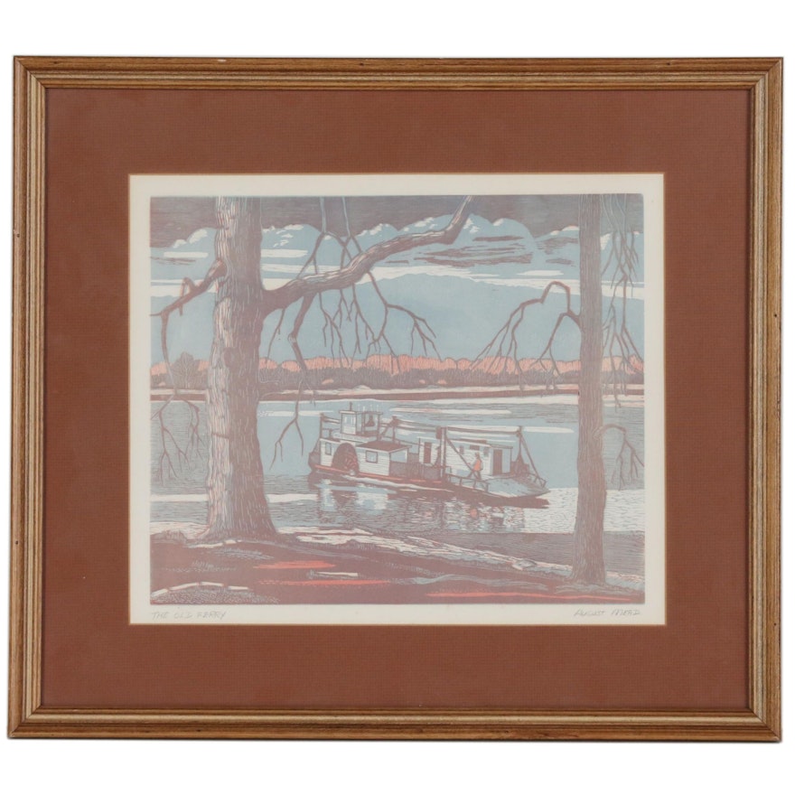 August Mead Woodblock Print "The Old Ferry", 20th Century