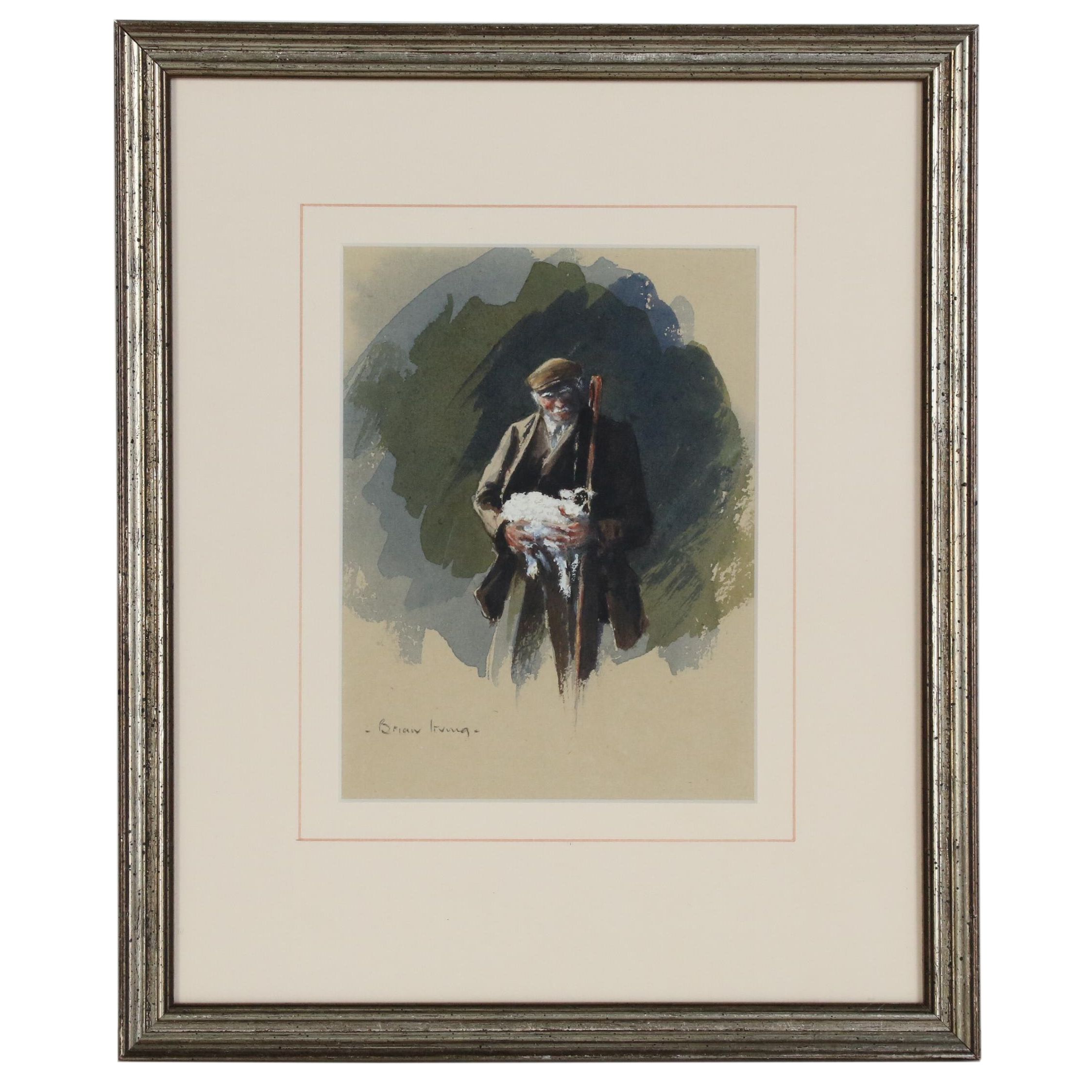 Brian Irving Embellished Watercolor of a Man, Late 20th Century