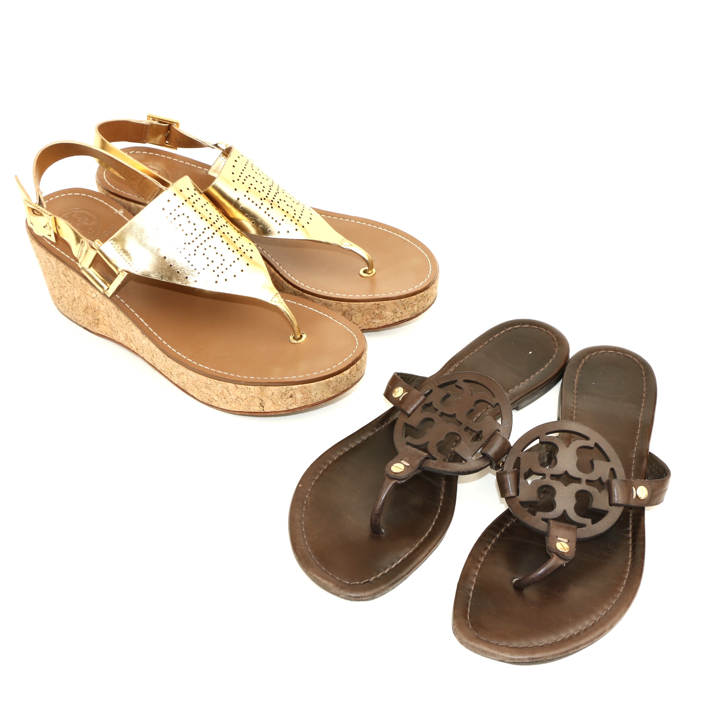 Tory Burch Pierced Leather Cork Wedge Sandals and Miller Medallion Flat Sandals