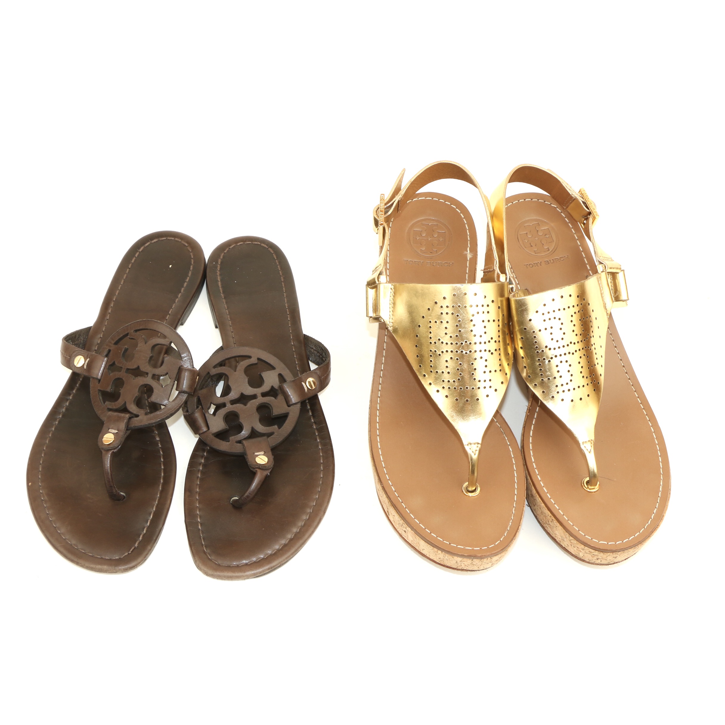 Tory Burch Pierced Leather Cork Wedge Sandals and Miller Medallion Flat Sandals